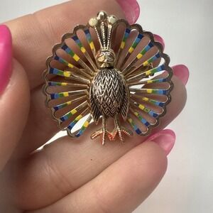 Metal Vintage Peacock Brooch Marked West Germany Painted  Art Deco
